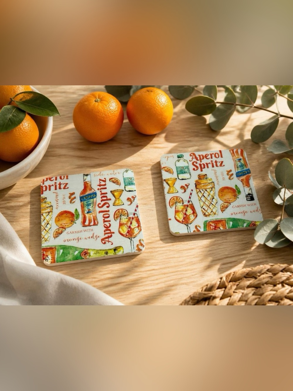 Aperol Spritz Coaster Set of 2 | Italian Summer Bar Decor | Cocktail Coasters